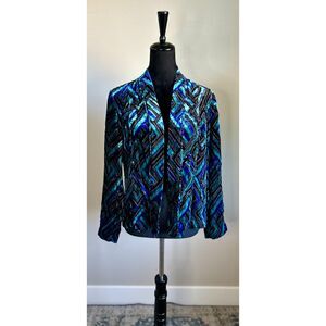 Chico's Women's Cut Teal Black Velvet Sheer Burnout Kimono Open Jacket Size 8